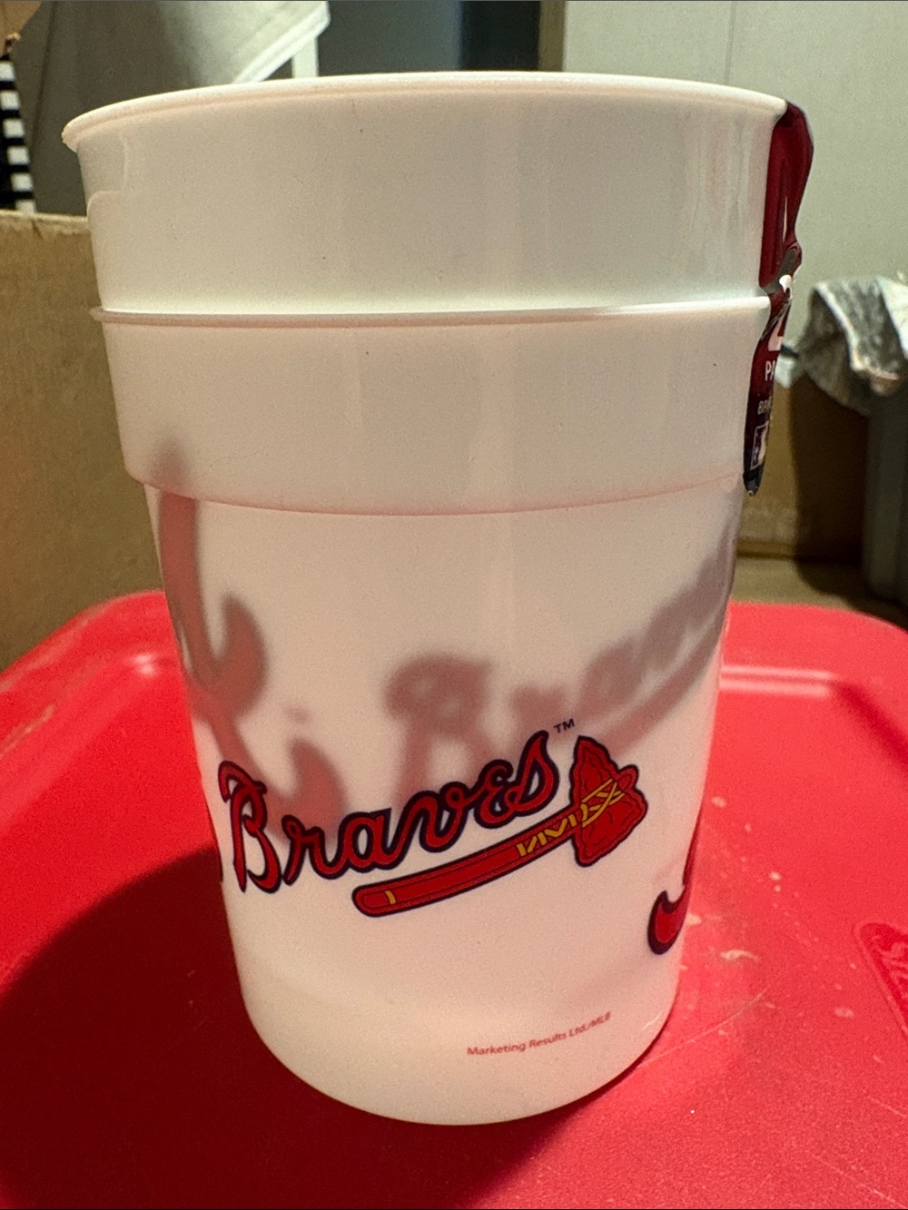 rave White Stadium Cup with Red Braves Script